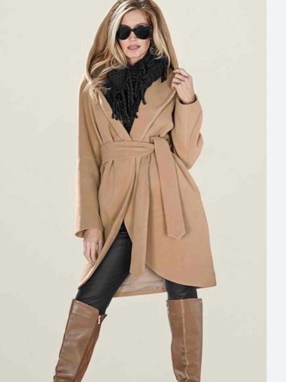 Venus Black Wrap Belted Hooded Coat